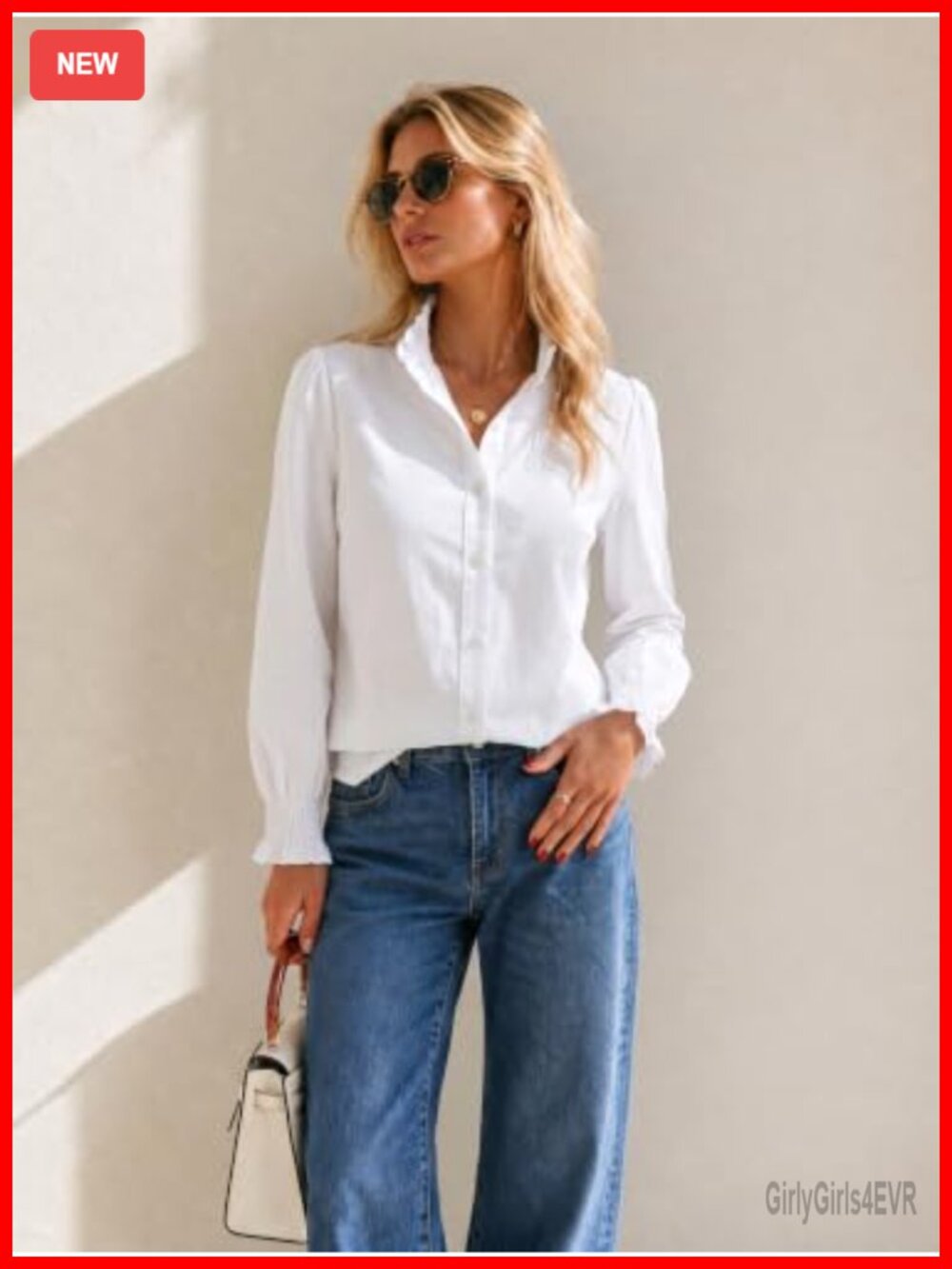Striped Button Down Shirt Long Sleeve Smocked Cuff Ruffle Collar Work Blouse - Picture 3 of 5